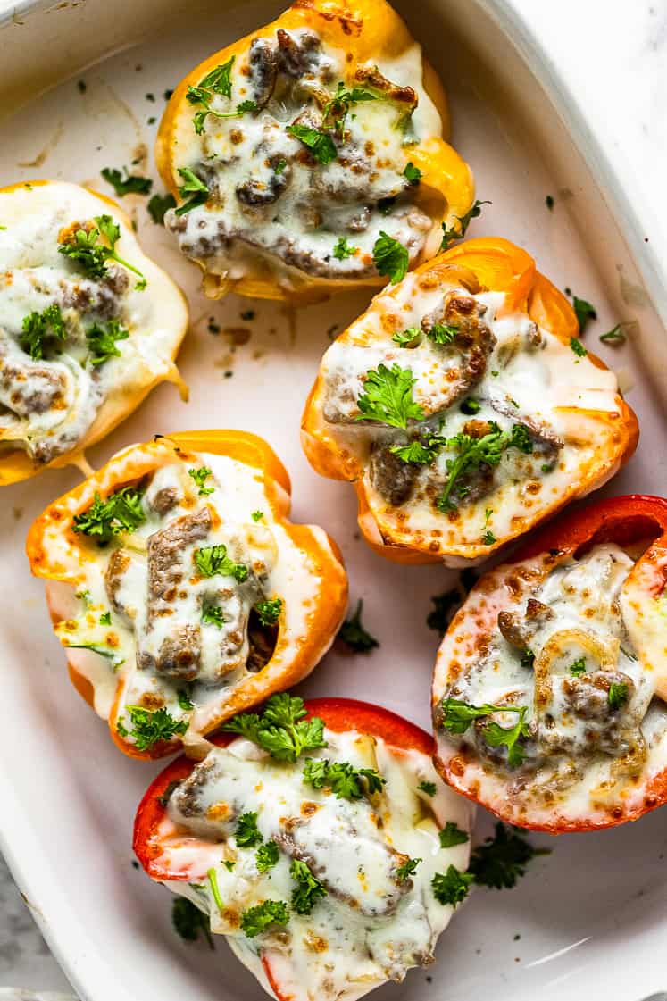 philly cheesesteak stuffed peppers in baking dish