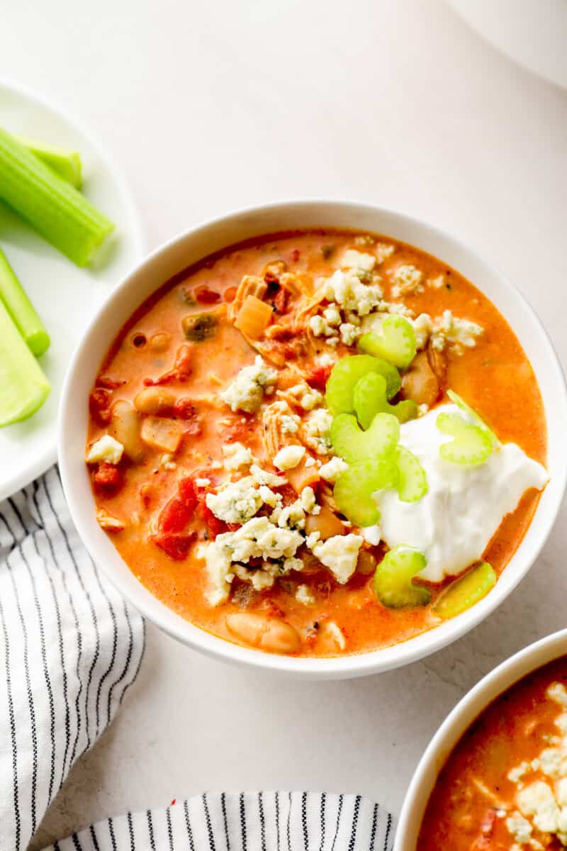 buffalo chicken chili in white bowl