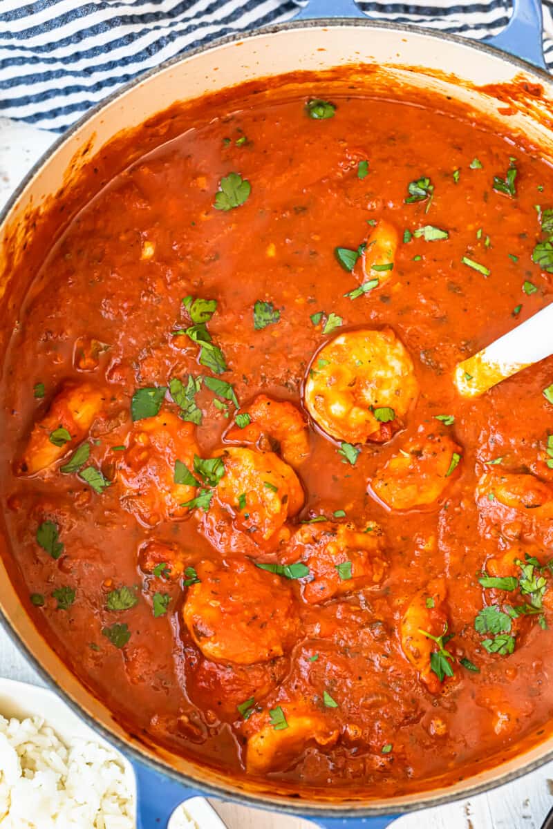 dutch oven filled with creole shrimp