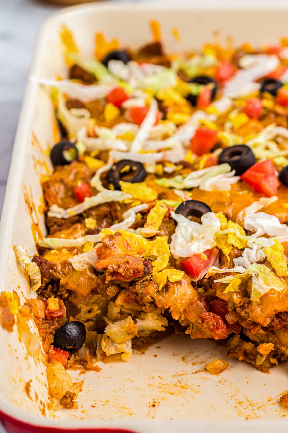 taco casserole in baking dish