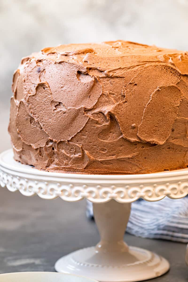 yellow cake frosted with milk chocolate buttercream on cake stand