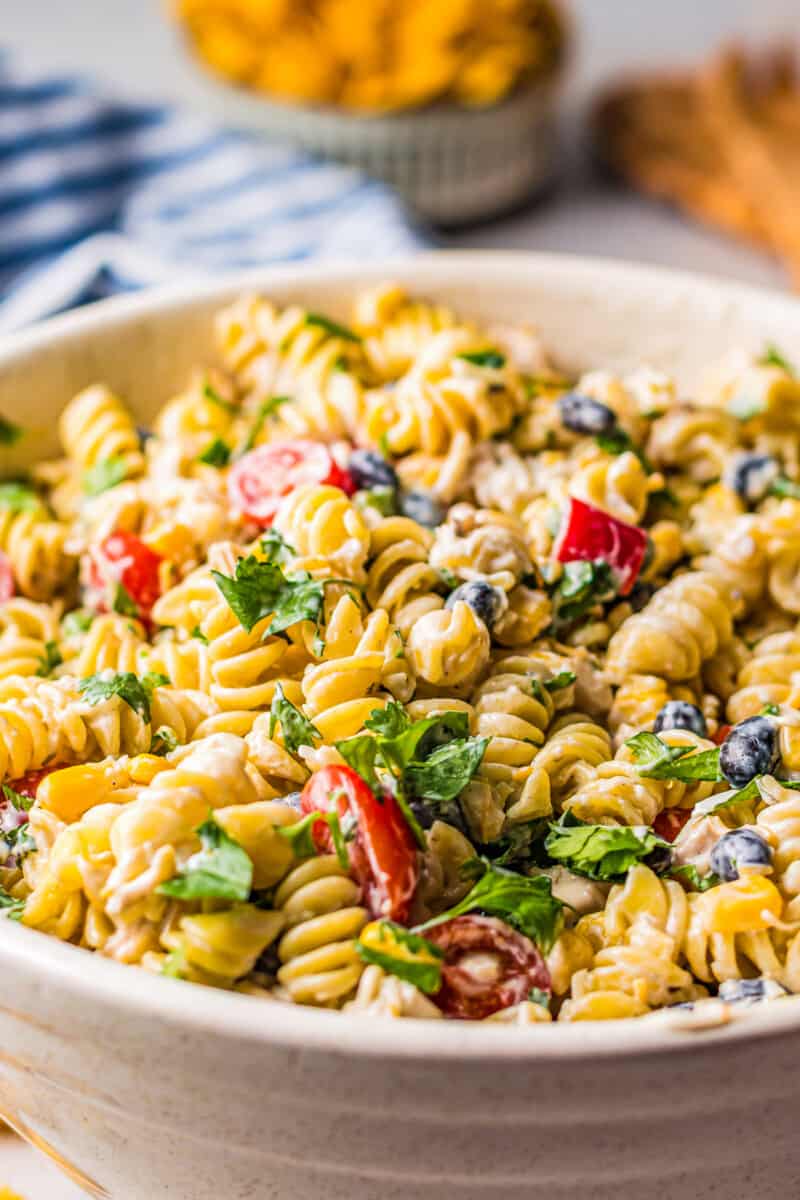 ranch chicken pasta salad in large bowl