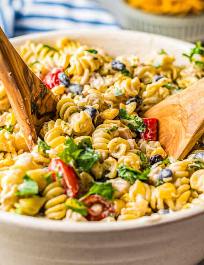 ranch chicken pasta salad in large bowl