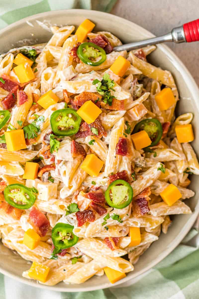 bowl of jalapeno popper pasta salad