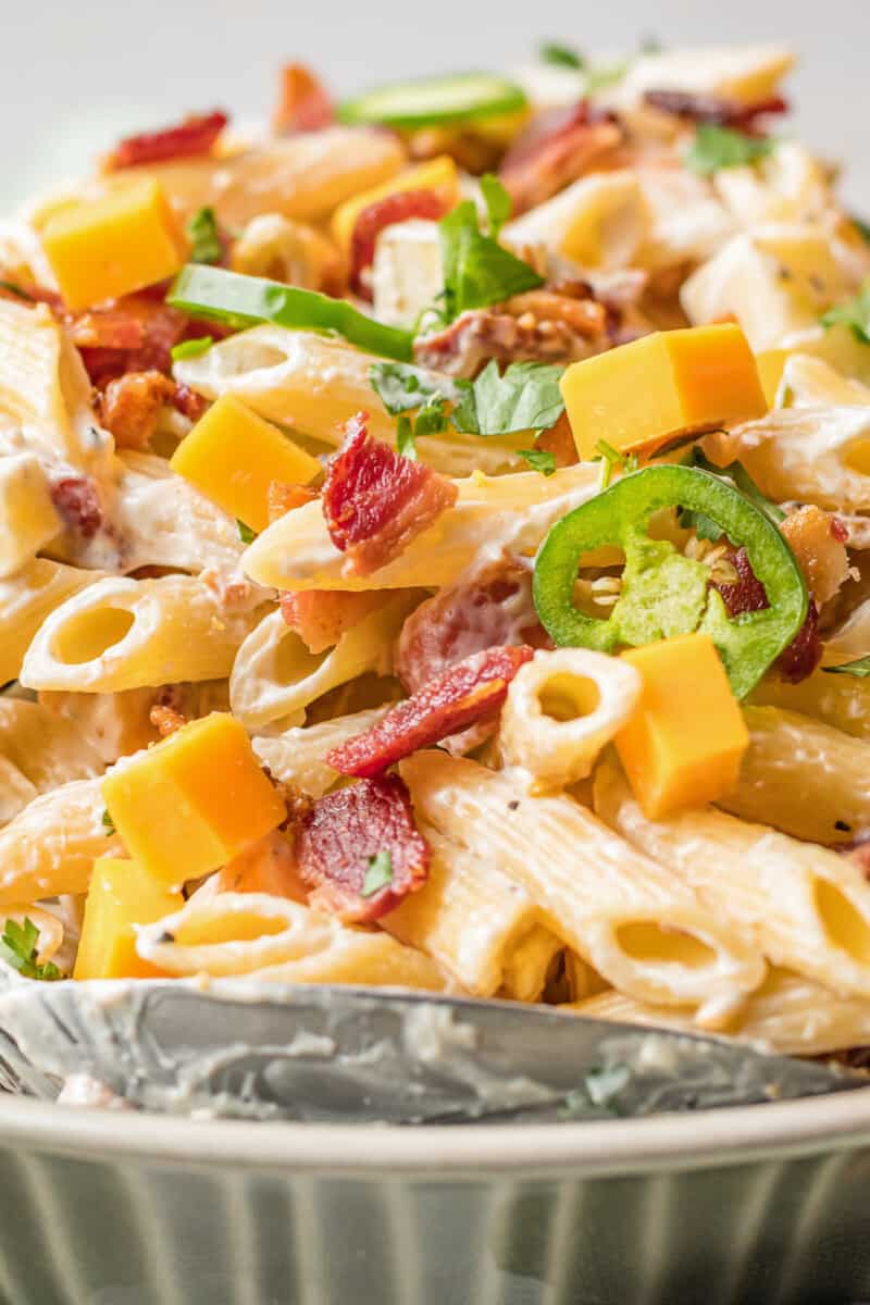 side image of bowl of jalapeno popper pasta salad