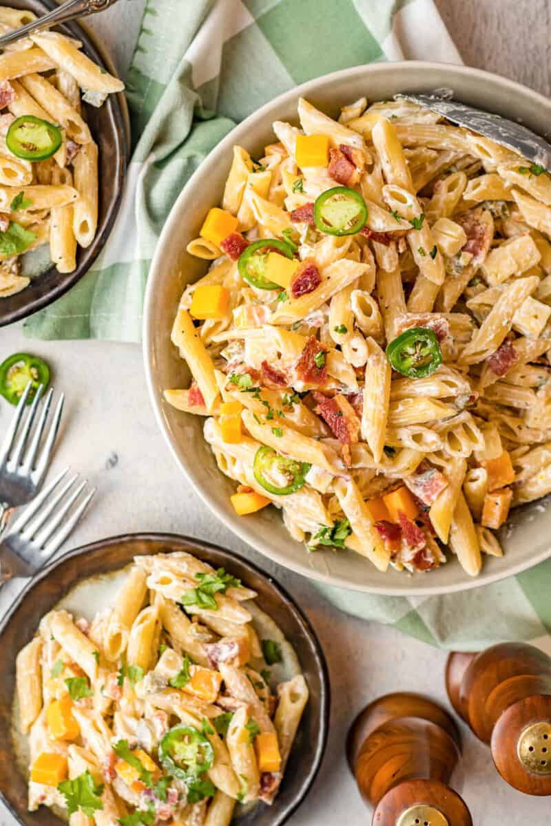 overhead image of large bowl of jalapeno popper pasta salad