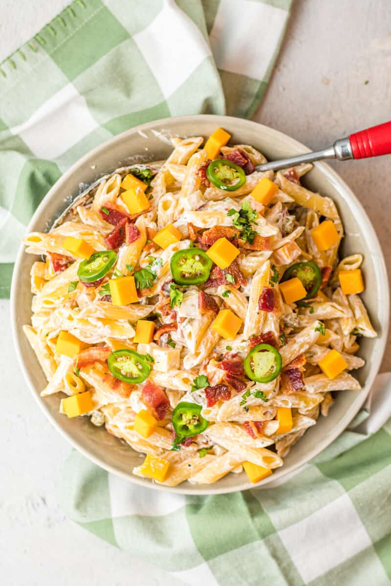 bowl of jalapeno popper pasta salad