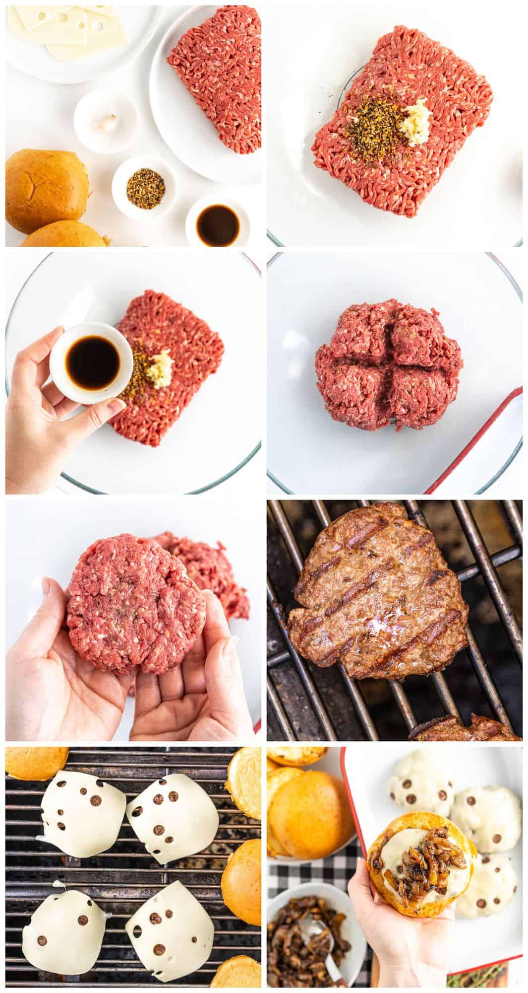 step by step photos for how to make grilled onion swiss burgers