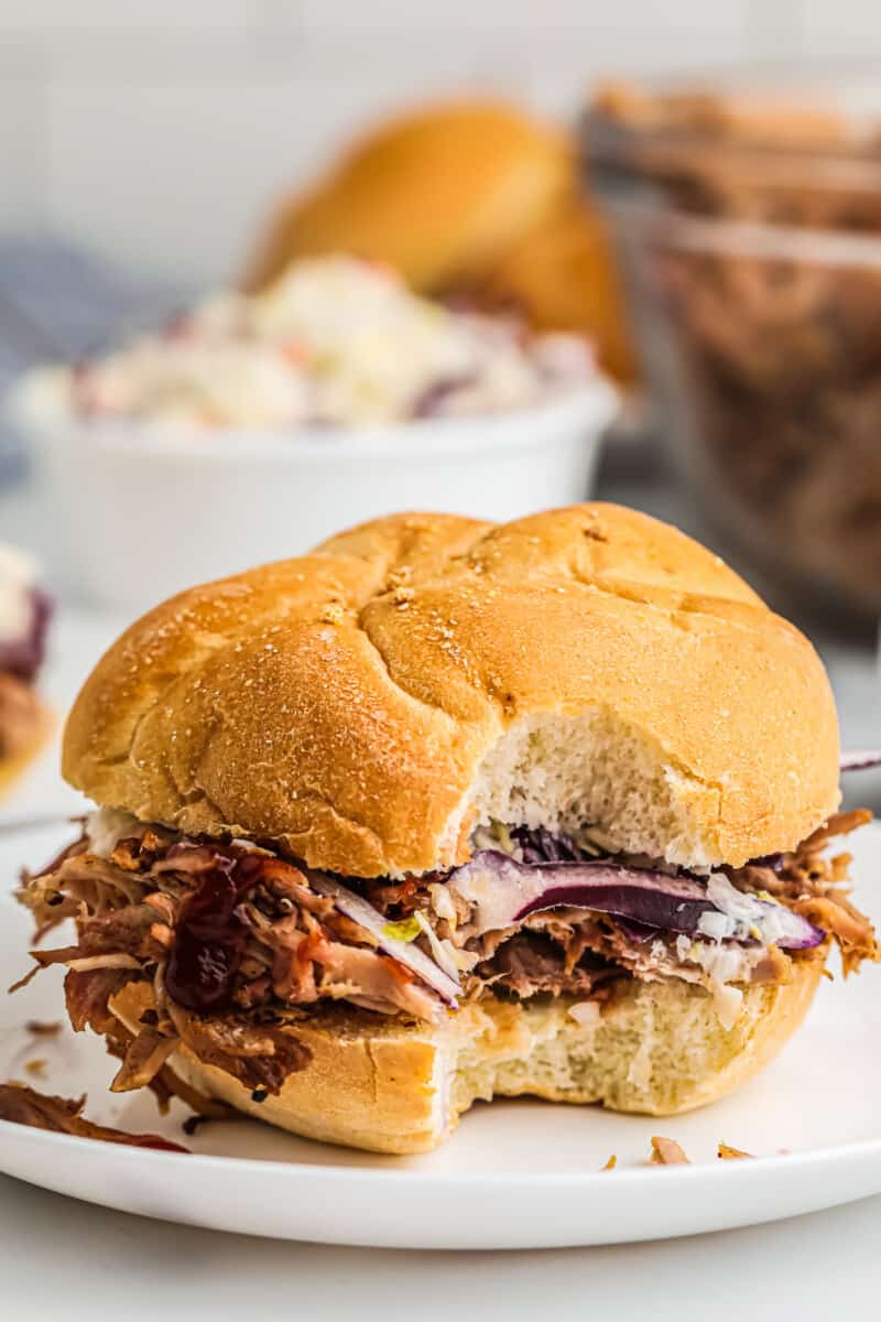 bite out of smoked pulled pork sandwich