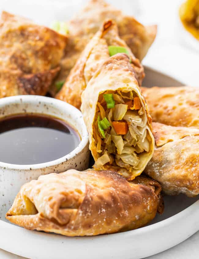 up close inside of air fryer egg rolls