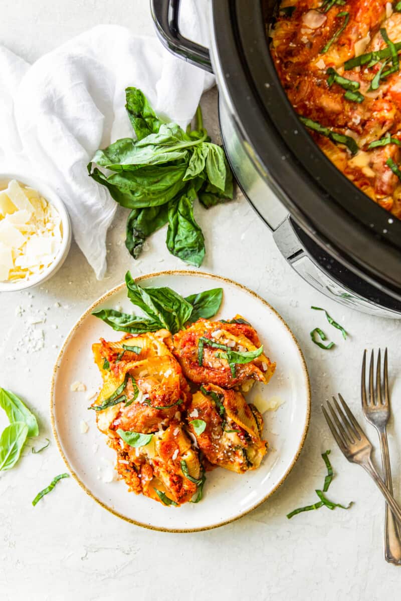 crockpot stuffed shells on white plate