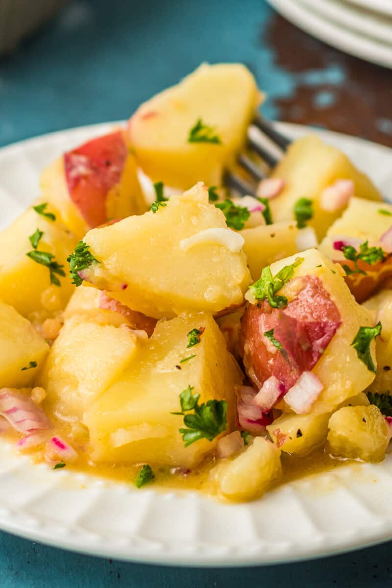 up close white plate with german potato salad