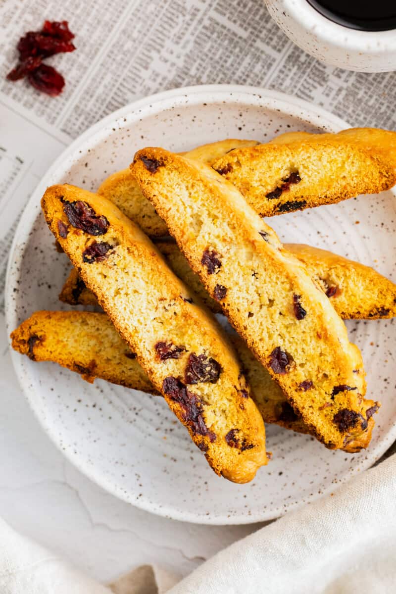 cranberry orange biscotti on gray plate