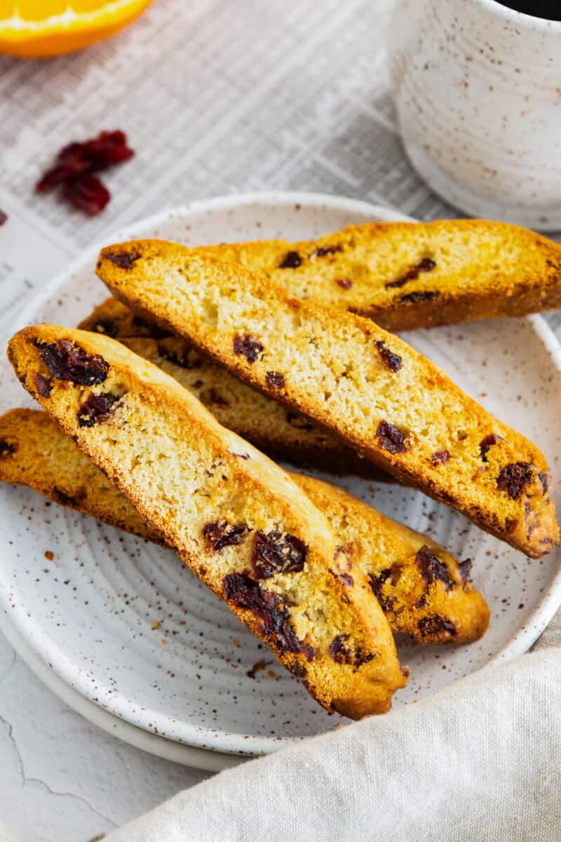 cranberry orange biscotti on gray plate