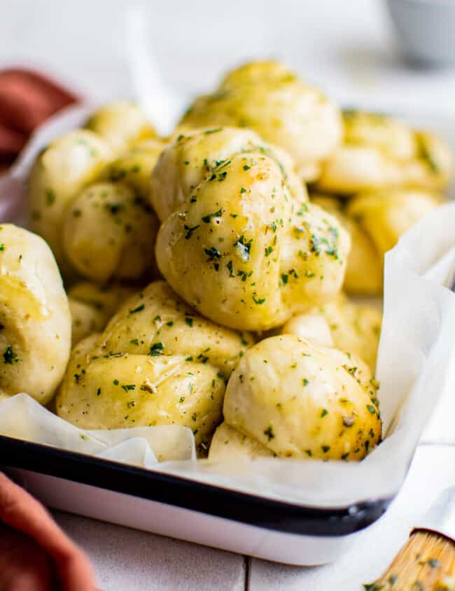 homemade garlic knots in serving dish