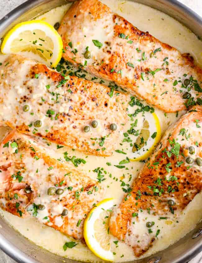 creamy salmon piccata in skillet