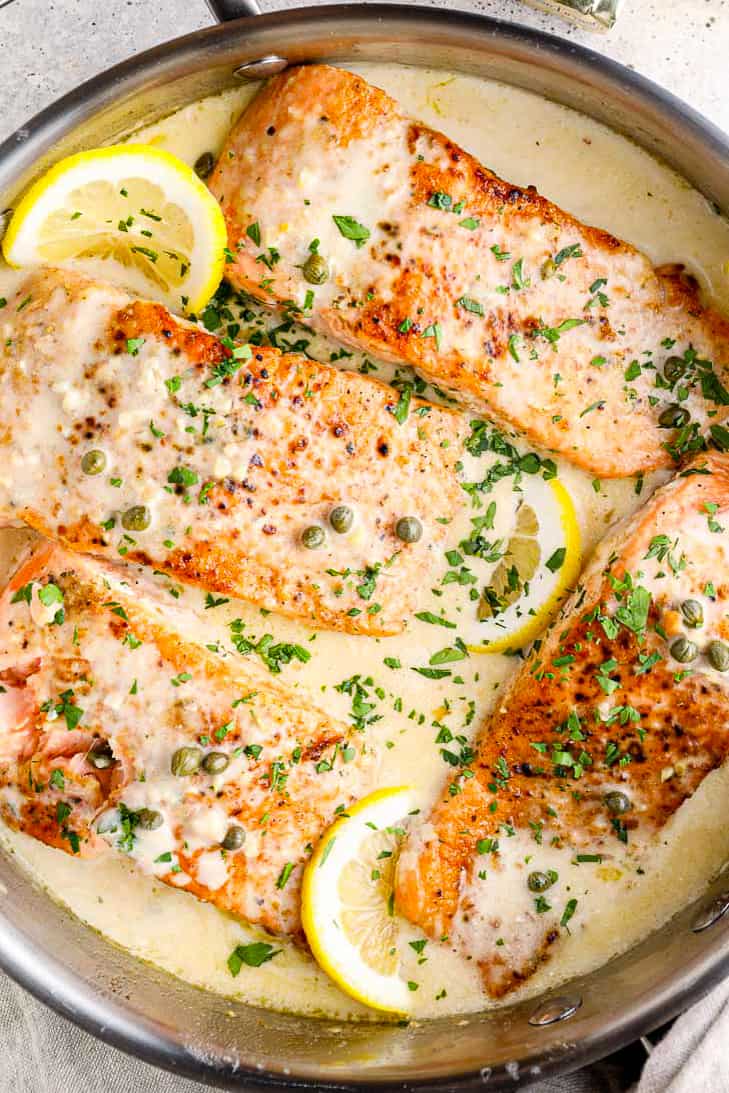 creamy salmon piccata in skillet