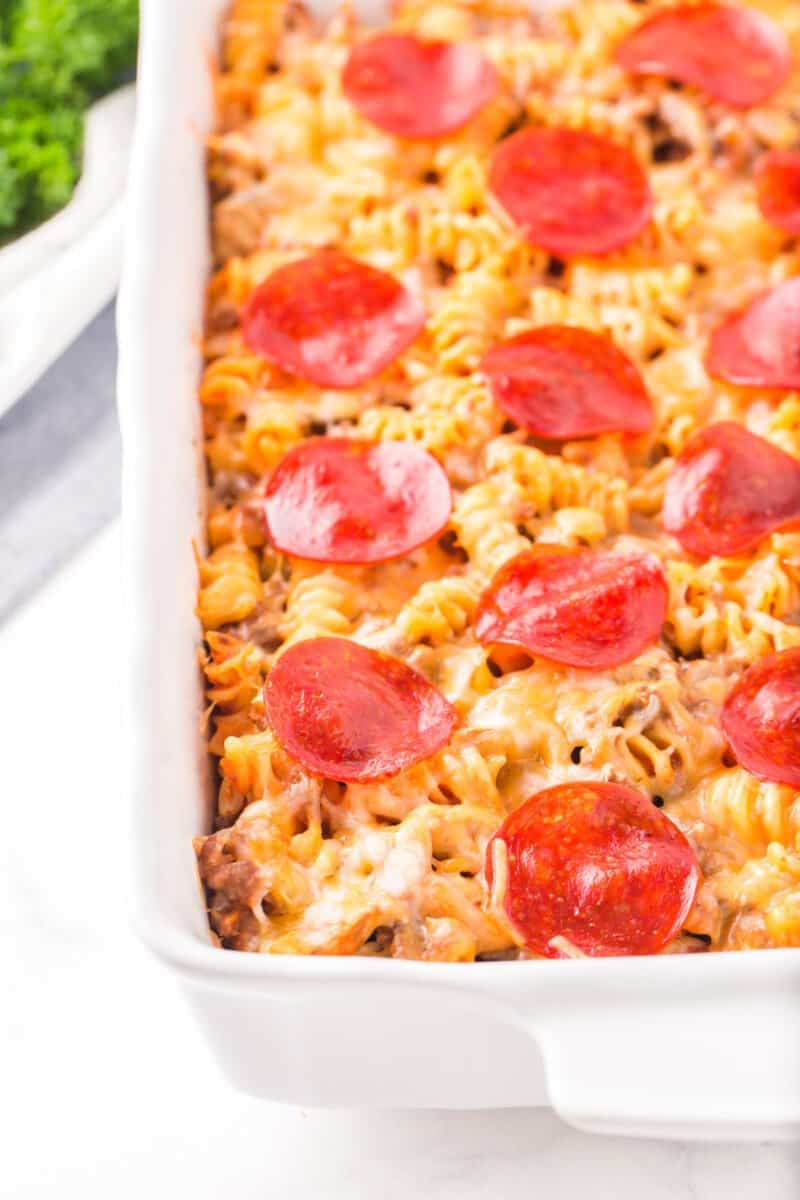 pizza casserole in a white dish