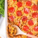 pizza casserole in a white dish