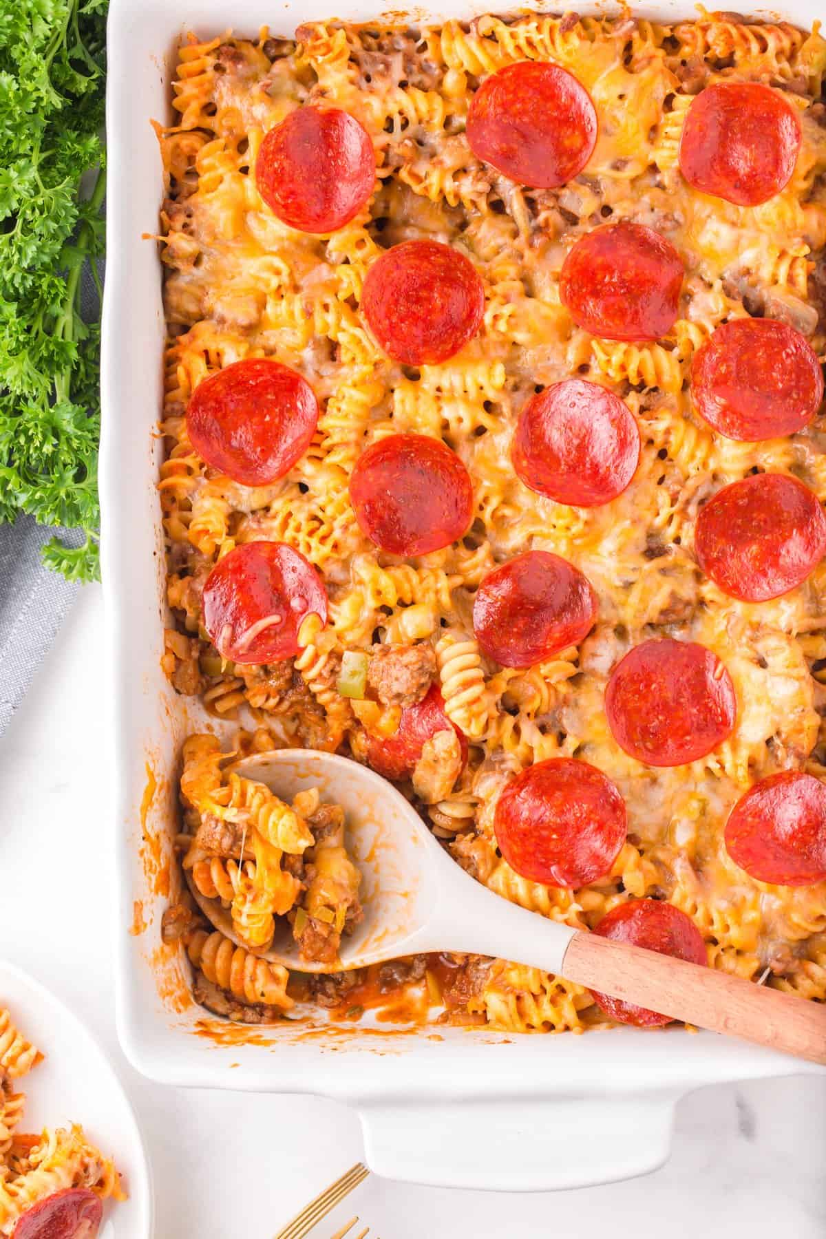 pizza casserole in a white dish