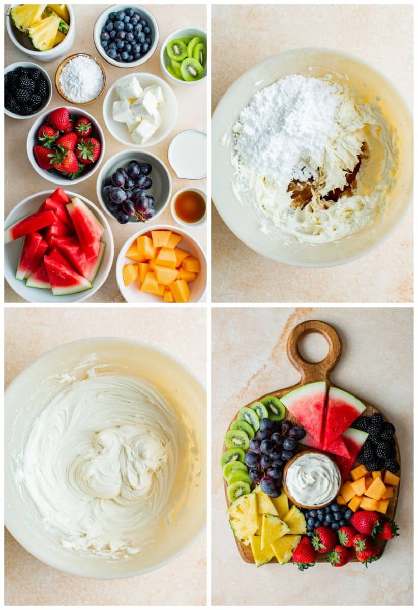 step by step photos for making cream cheese fruit dip and fruit board