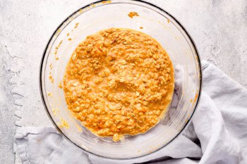 pumpkin oatmeal mixture in a glass bowl.