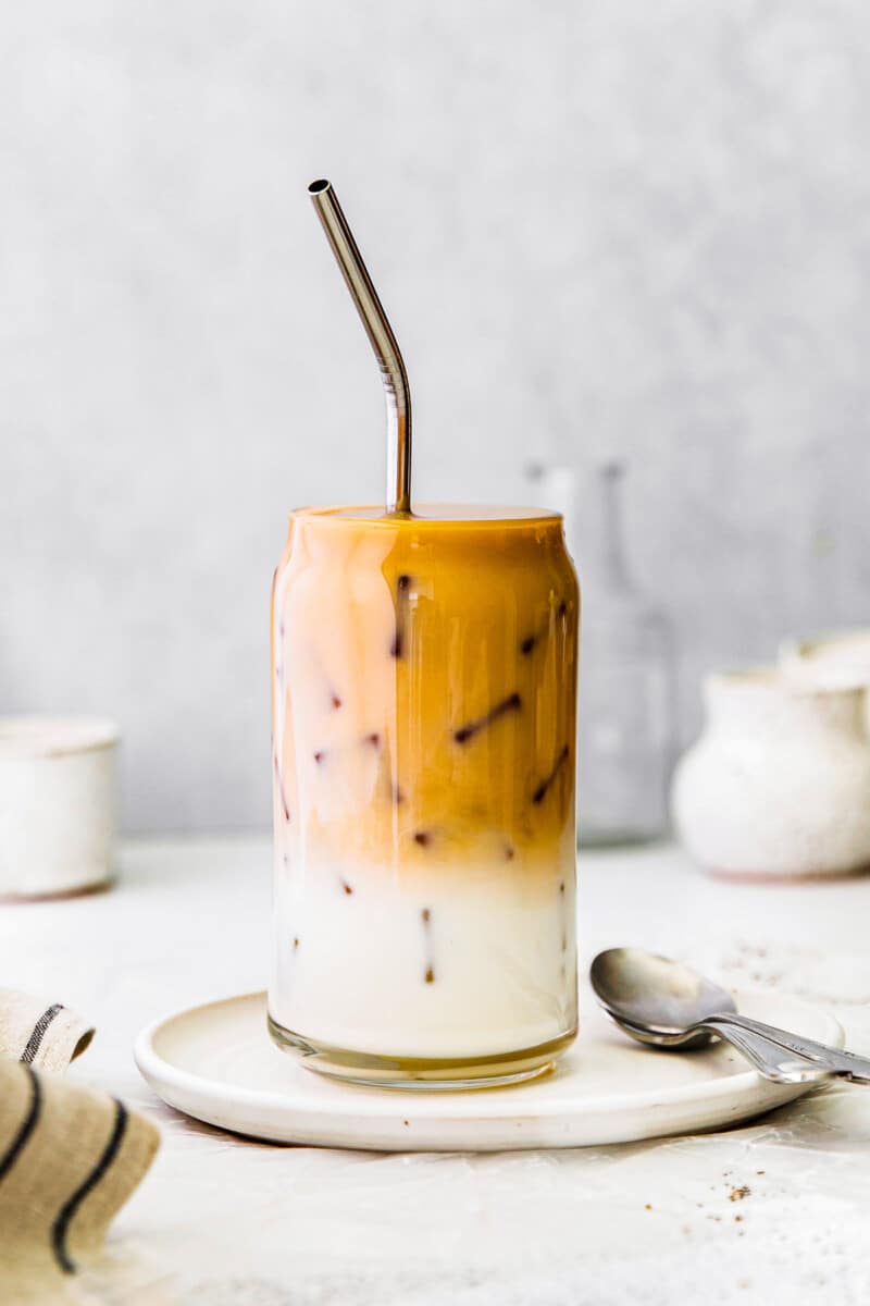 up close iced chai tea latte in glass cup