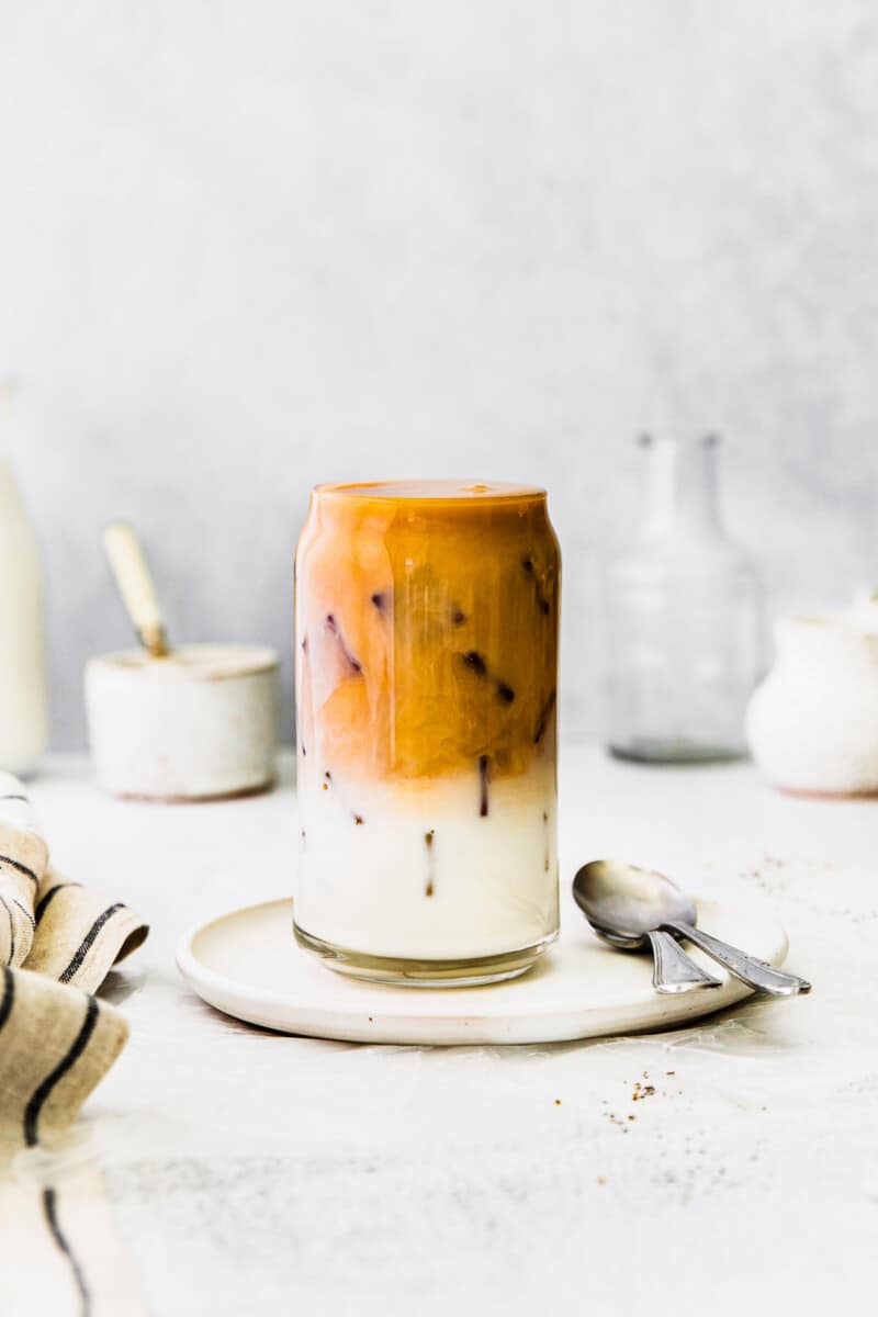 iced chai tea latte in glass cup