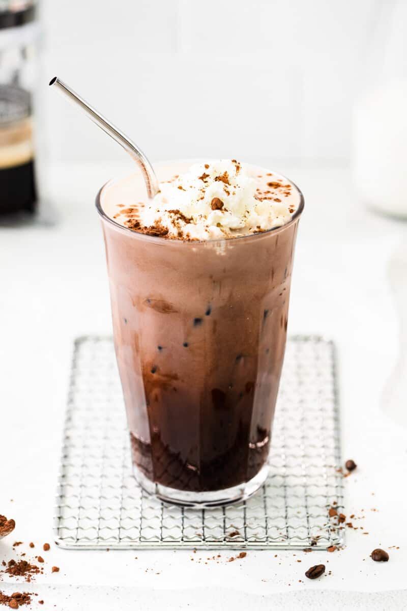 iced mocha in tall glass with whipped cream