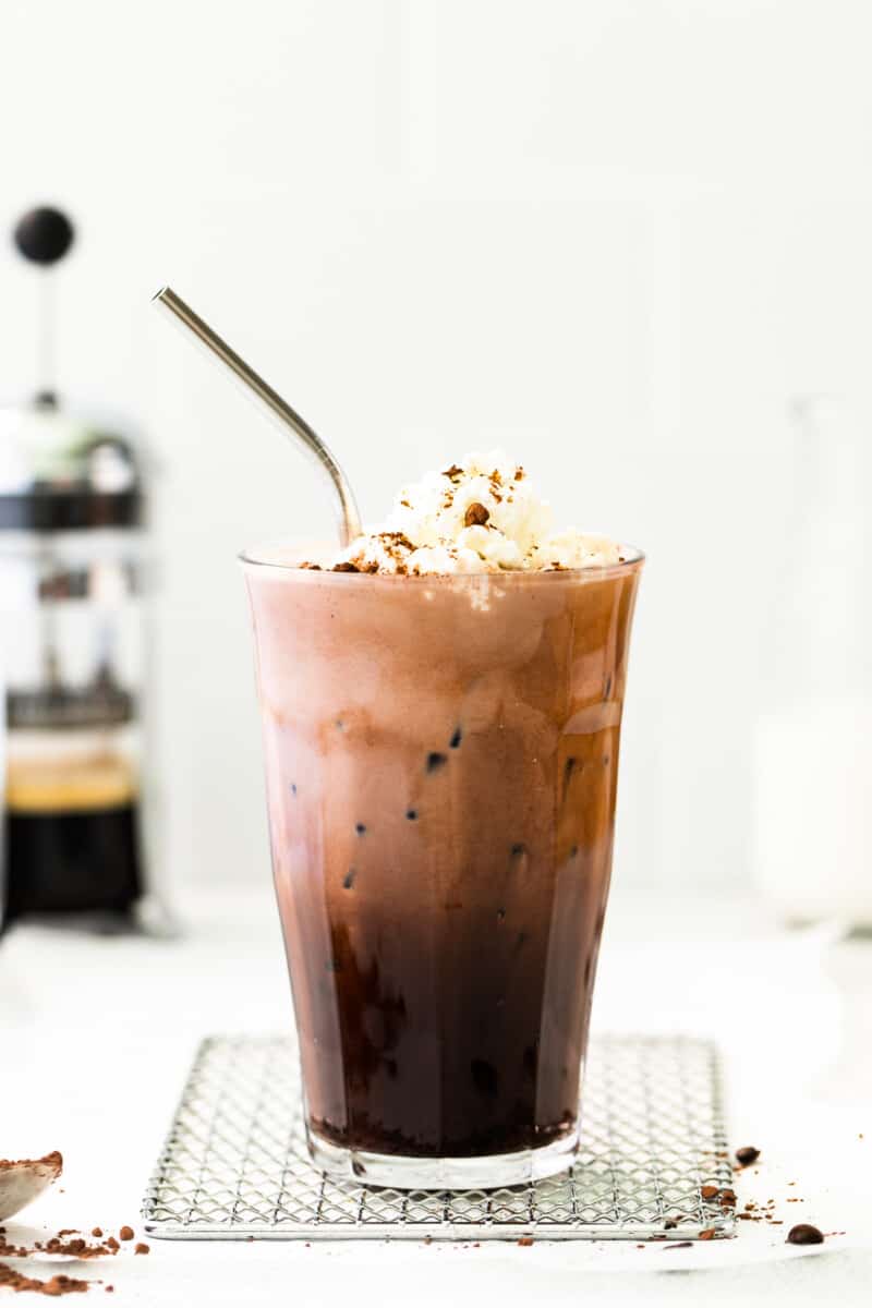 iced mocha in tall glass with whipped cream