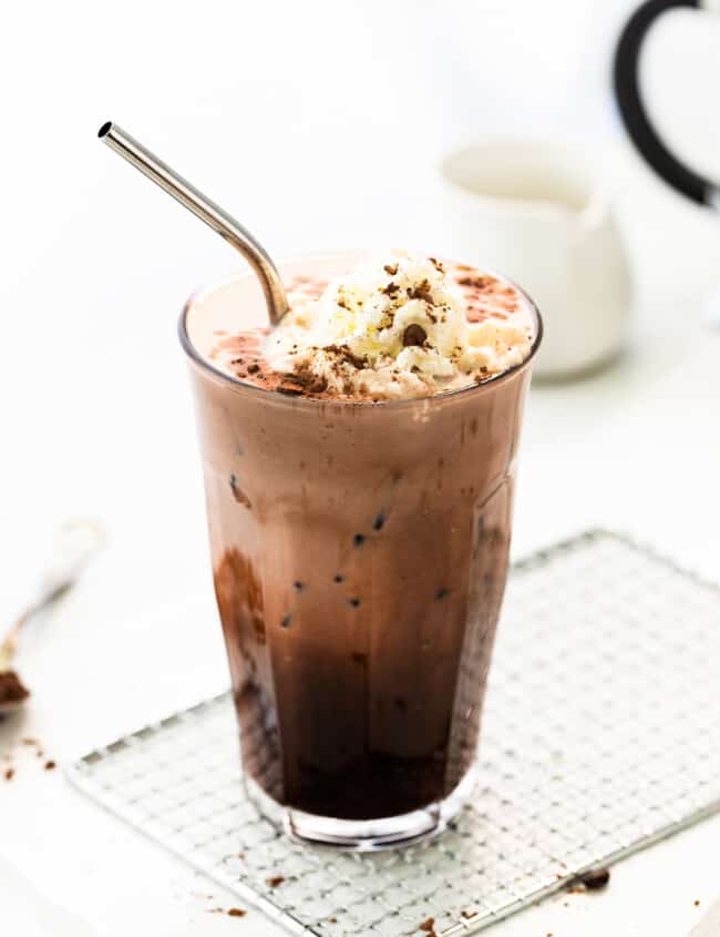 iced mocha in tall glass with whipped cream