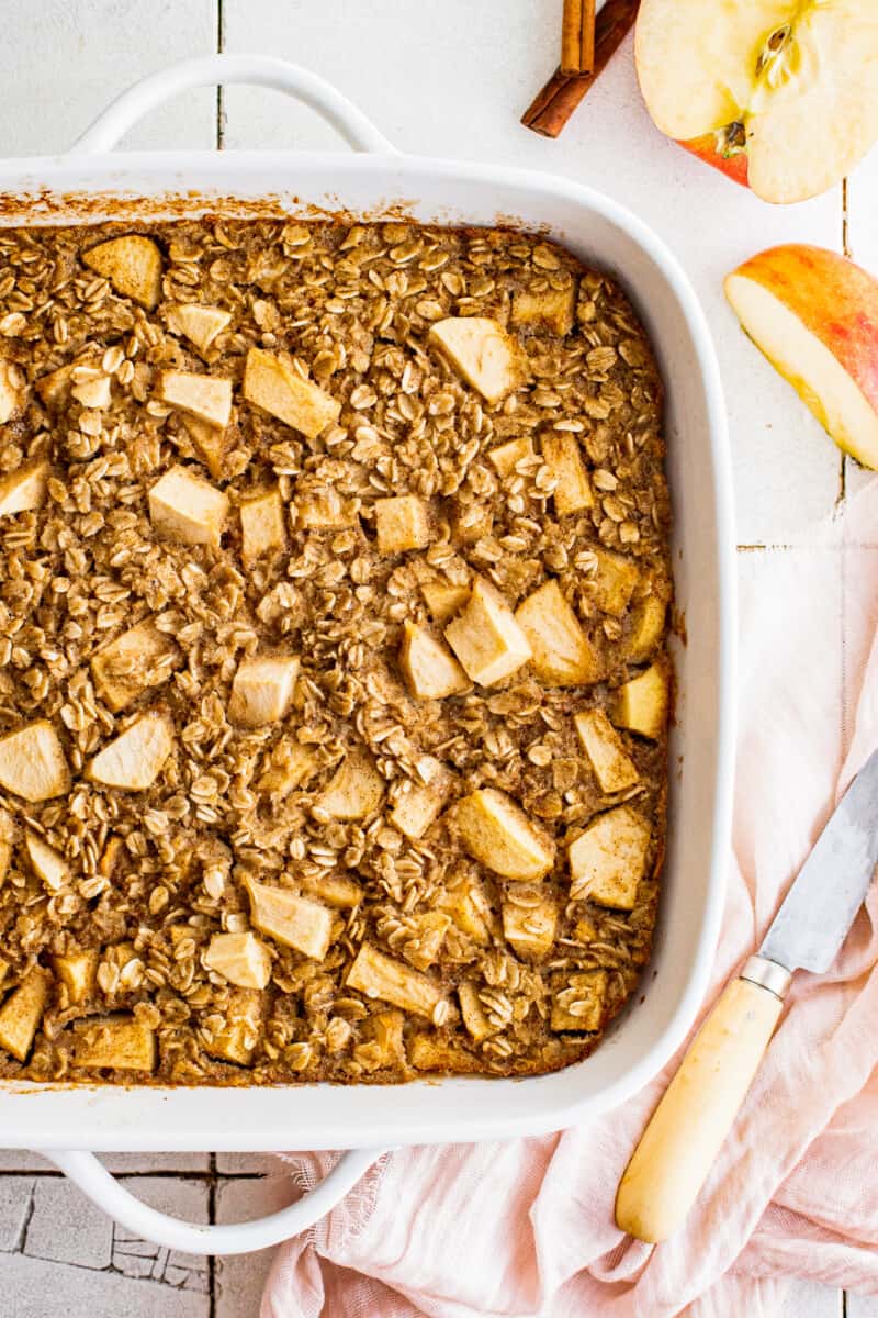 apple baked oatmeal in white baking dish