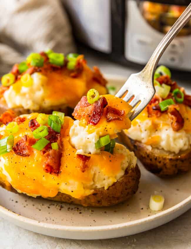 fork in crockpot twice baked potatoes