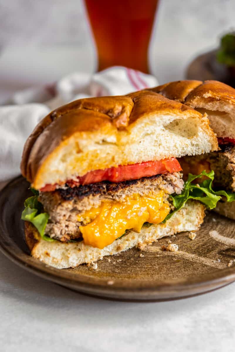 juicy lucy turkey burger cut in half