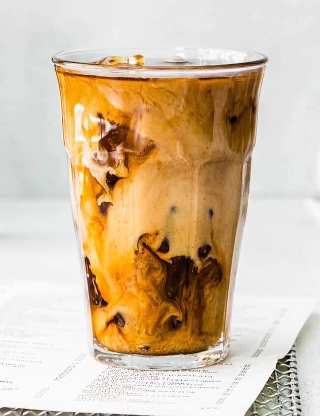 up close pumpkin cream cold brew in glass cup