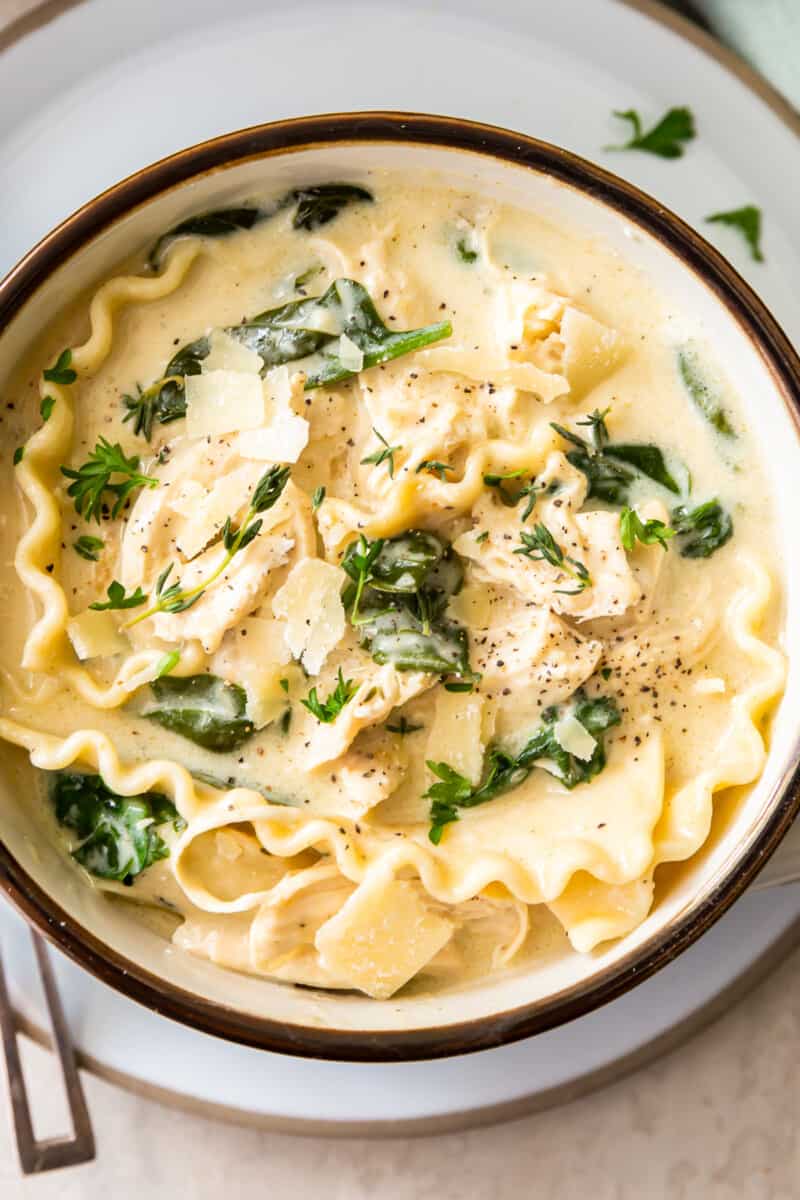 bowl of white chicken lasagna soup