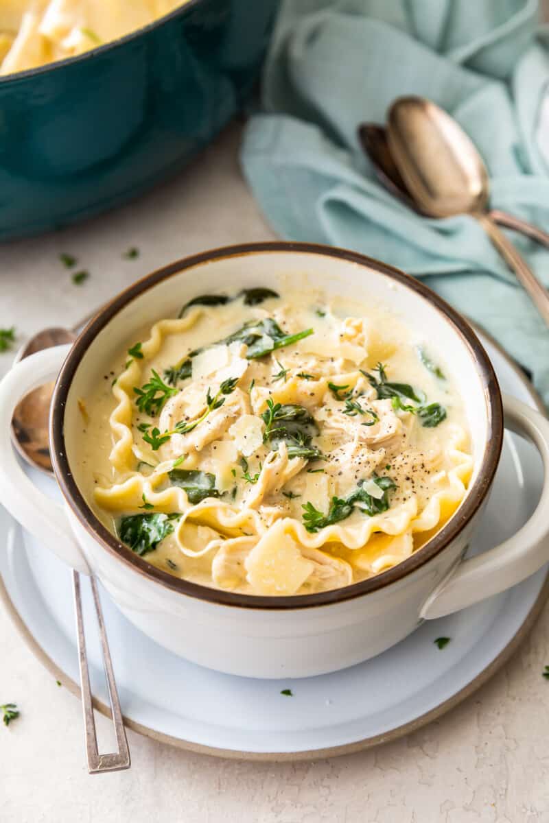 bowl of white chicken lasagna soup