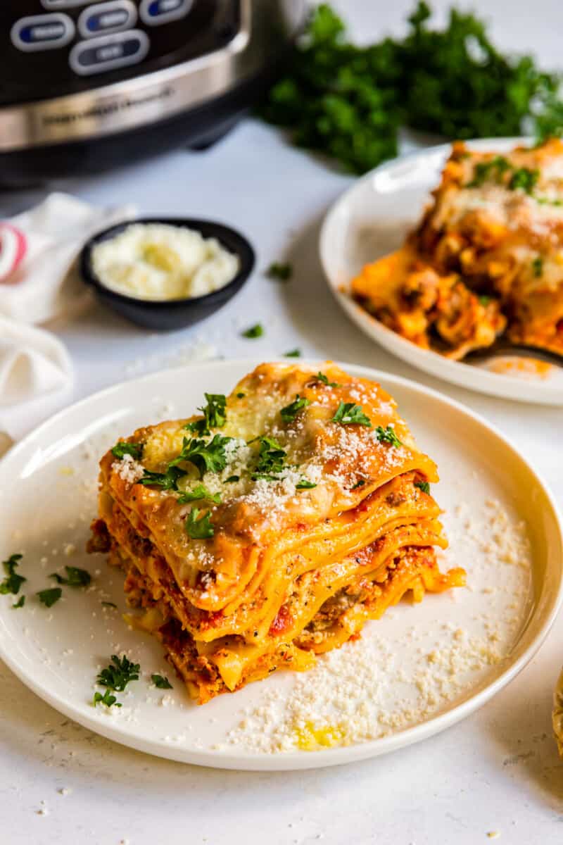 slice of crockpot lasagna on white plate