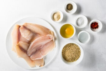 overhead image of ingredients for air fryer breaded tilapia