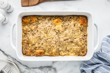 biscuits and gravy casserole in white baking dish after baking