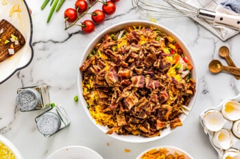 hashbrowns, sauteed vegetables, cheese, and bacon in a white bowl