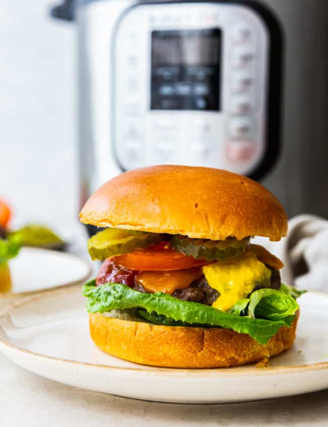 cheeseburger with a bun on a white plate in front of an instant pot