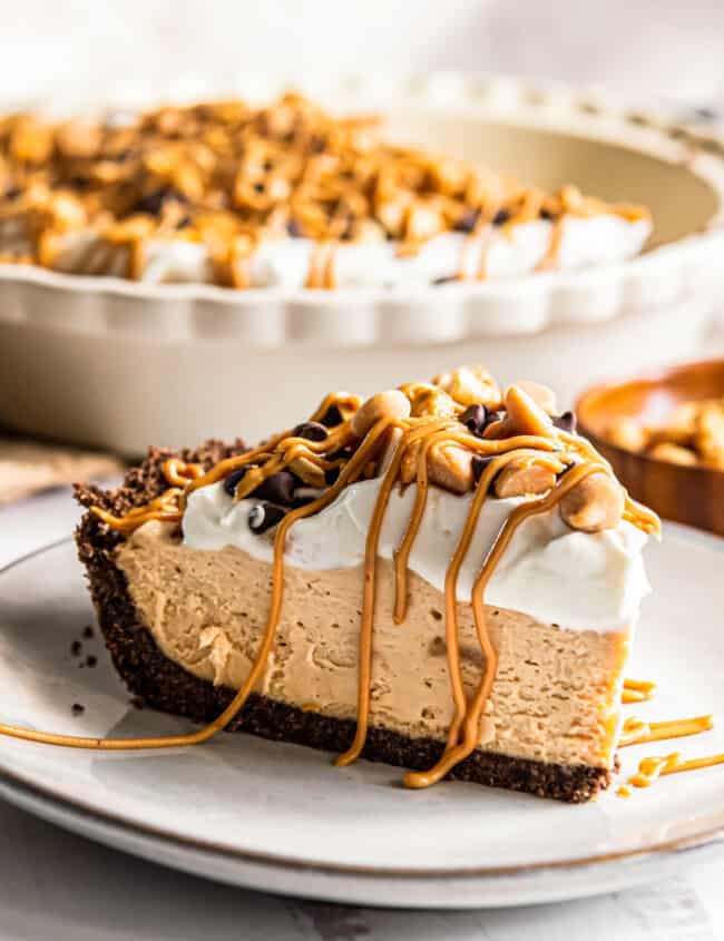 slice of peanut butter pie on a white plate