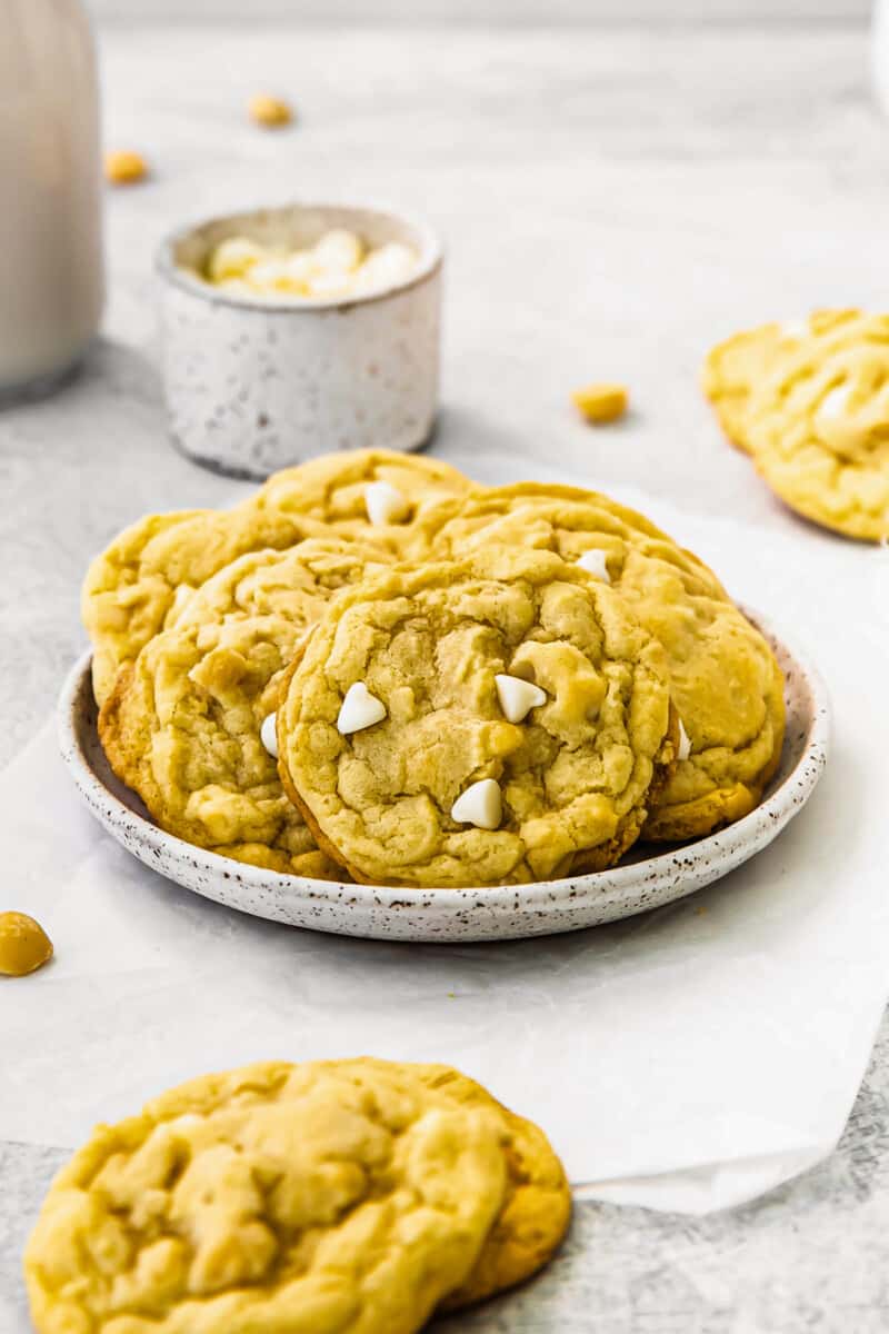 white chocolate macadamia nut cookies on white plate