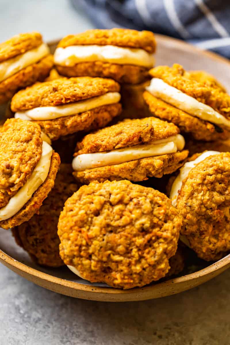 carrot cake sandwich cookies on a serving platter