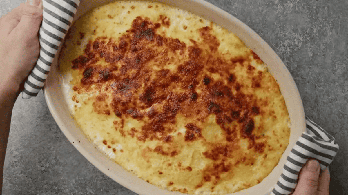 broiled chantilly potatoes in a baking dish.