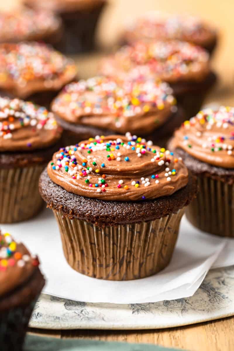 chocolate cupcakes topped with chocolate frosting and sprinkles