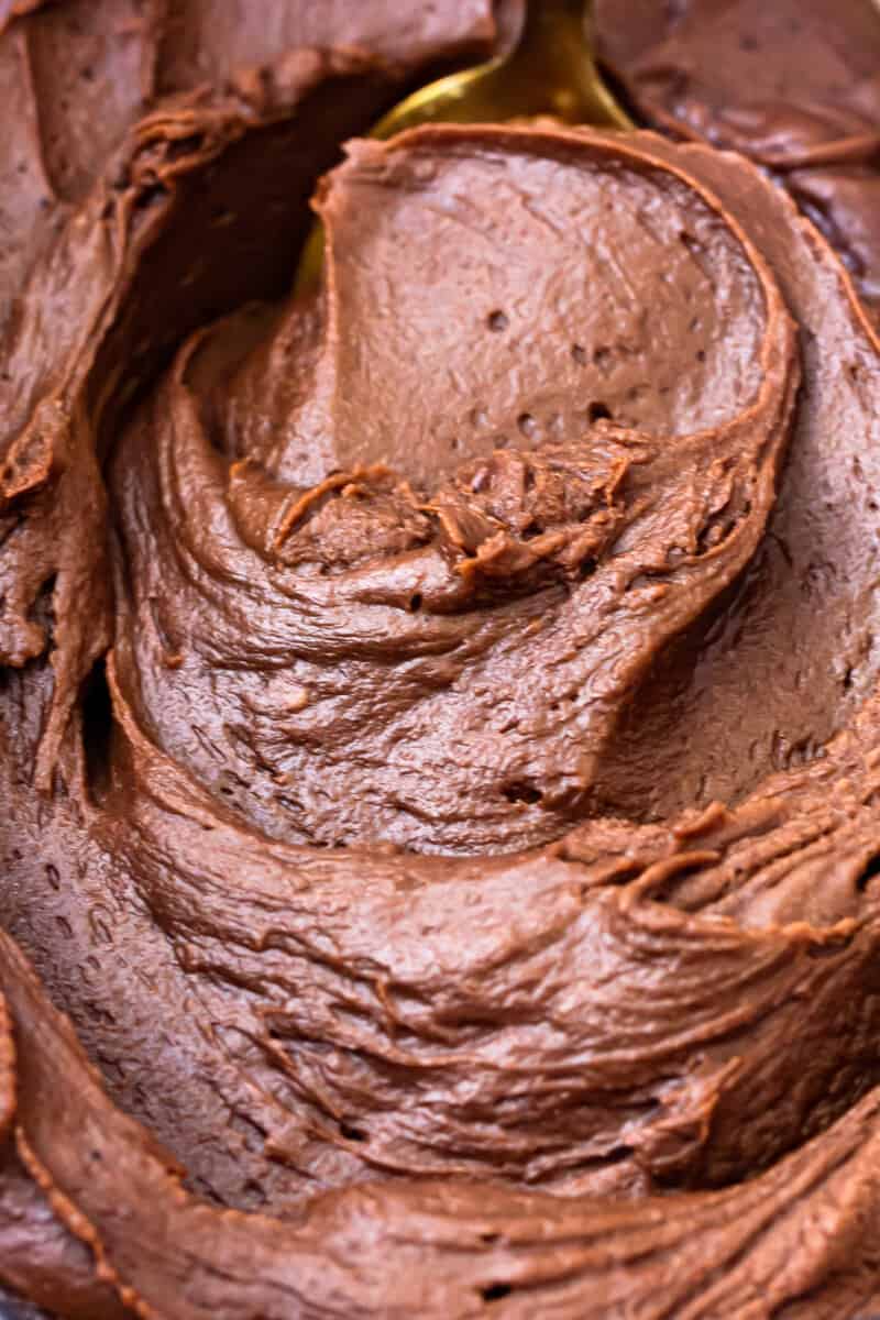 close up image of chocolate fudge frosting