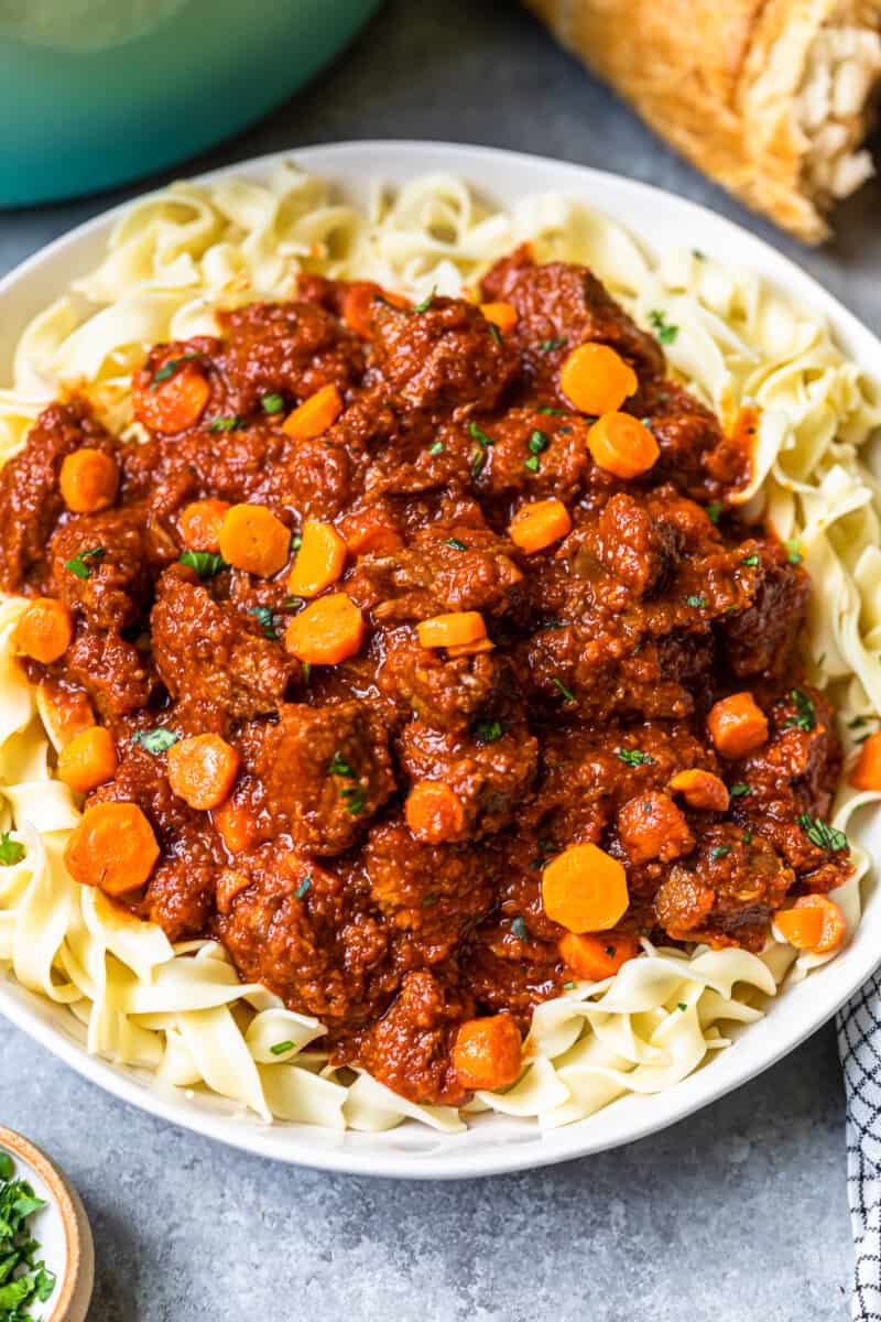 hungarian beef goulash with egg noodles in a serving bowl