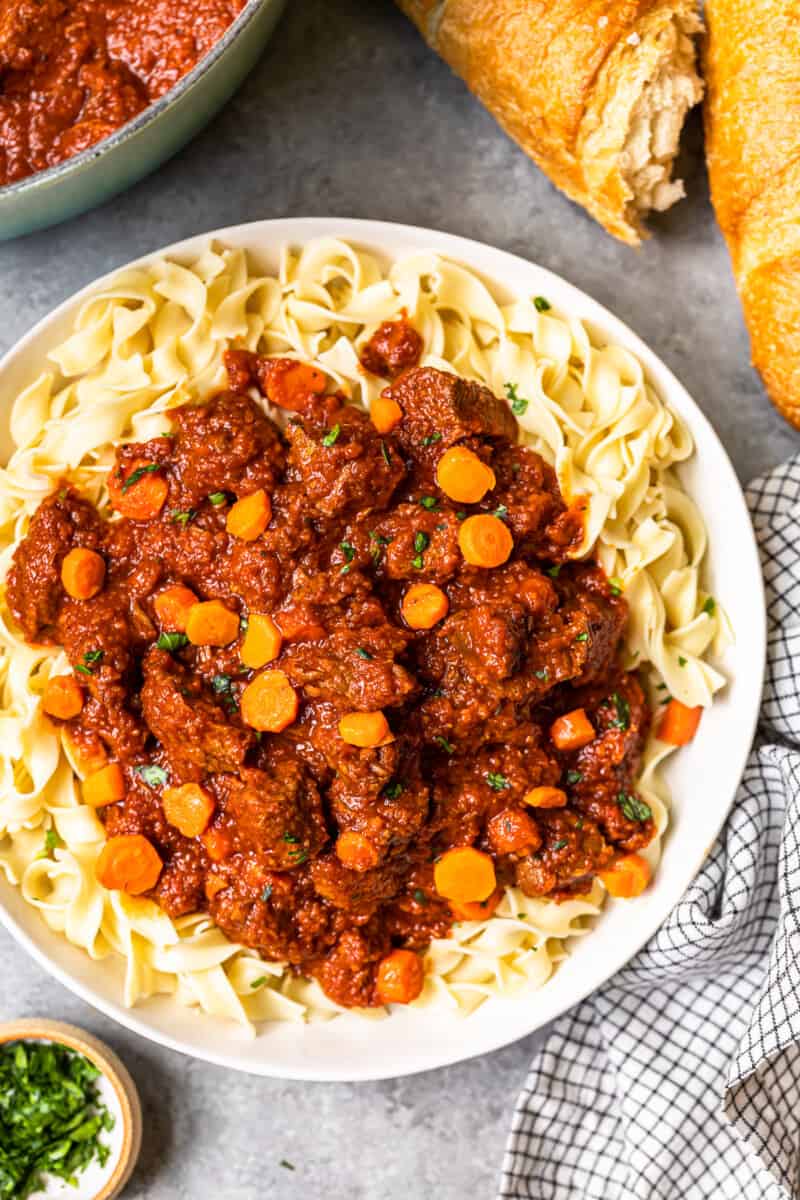 hungarian beef goulash with egg noodles in a serving bowl